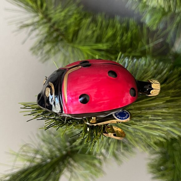 Vintage German Glass Ladybug Christmas Ornament Clip-On Hand Blown Red Black - Picture 2 of 6
